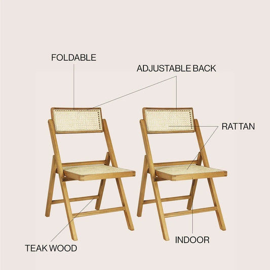 Olivier Mid-Century Vintage Wood Rattan Folding Chair with Adjustable Back, (Set of 2) by JONATHAN Y