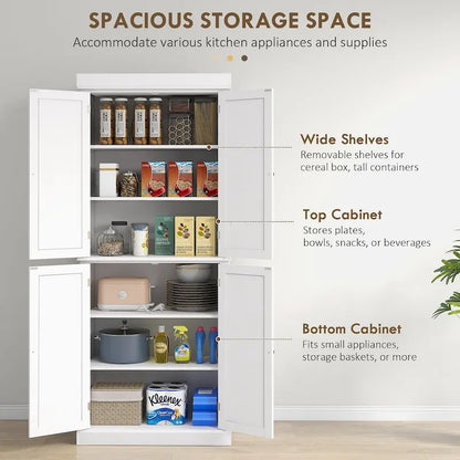 72.5 Kitchen Pantry Storage Cabinet, Freestanding Kitchen Cupboard with 4 Doors and Adjustable Shelves for Dining Room, MDF