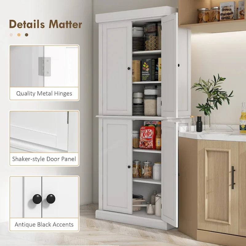 72.5 Kitchen Pantry Storage Cabinet, Freestanding Kitchen Cupboard with 4 Doors and Adjustable Shelves for Dining Room, MDF