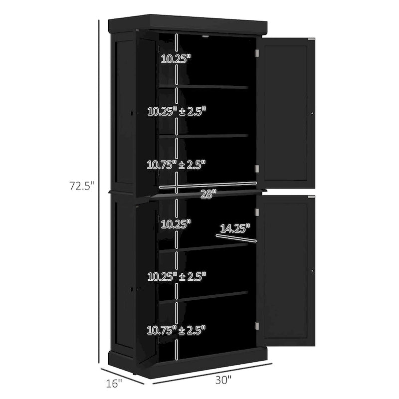 72.5 Kitchen Pantry Storage Cabinet, Freestanding Kitchen Cupboard with 4 Doors and Adjustable Shelves for Dining Room, MDF