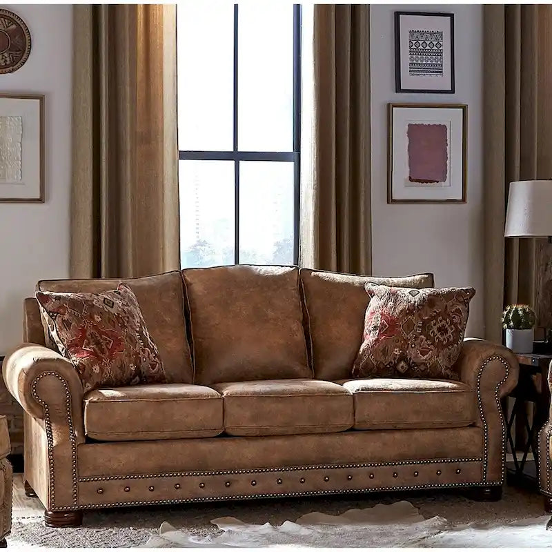 Rancho Rustic Brown Buckskin Fabric Sofa