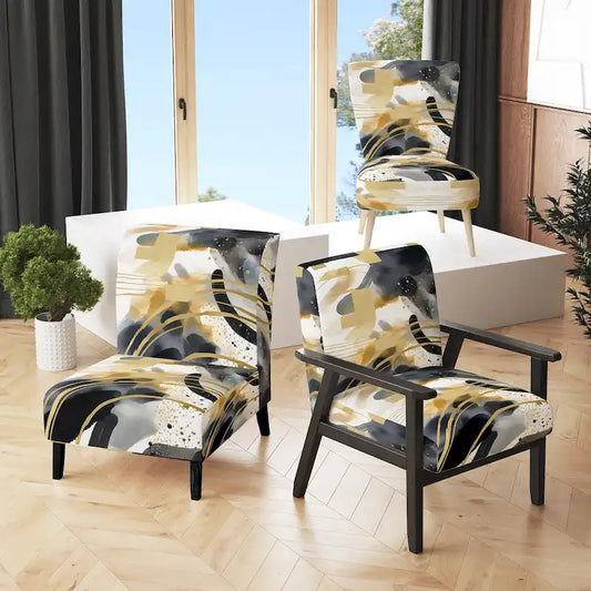 Designart Pastel Abstract With Blue Black & Gold Spots III Upholstered Fractals Accent Chair and Modern Arm Chair
