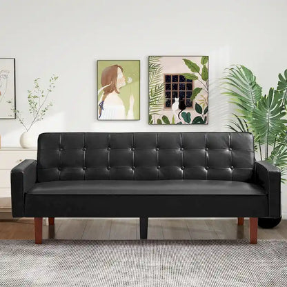 74.4 L Faux Leather Full Handcrafted Button Tufted Sofa 3-Seat, Convertible Sleeper Couch Adjustable Backrest