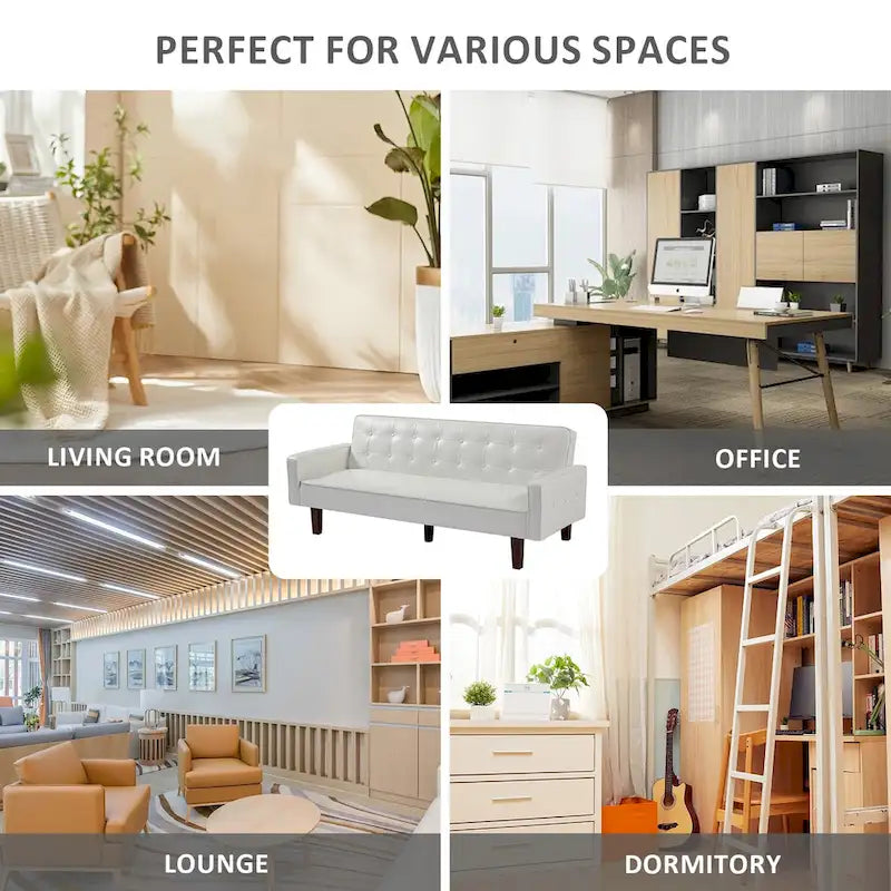 74.4 L Faux Leather Full Handcrafted Button Tufted Sofa 3-Seat, Convertible Sleeper Couch Adjustable Backrest