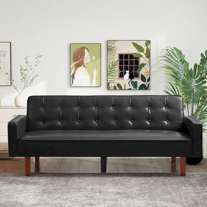 74.4 L Faux Leather Full Handcrafted Button Tufted Sofa 3-Seat, Convertible Sleeper Couch Adjustable Backrest