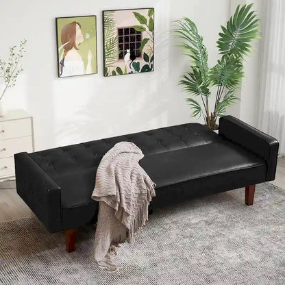 74.4 L Faux Leather Full Handcrafted Button Tufted Sofa 3-Seat, Convertible Sleeper Couch Adjustable Backrest