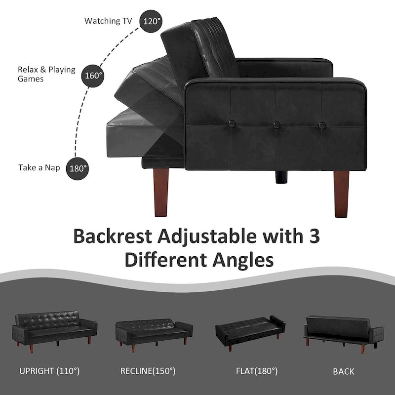 74.4 L Faux Leather Full Handcrafted Button Tufted Sofa 3-Seat, Convertible Sleeper Couch Adjustable Backrest