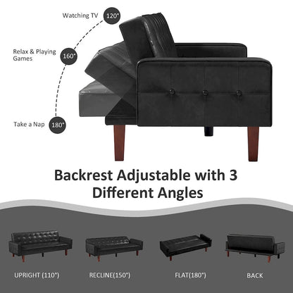 74.4 L Faux Leather Full Handcrafted Button Tufted Sofa 3-Seat, Convertible Sleeper Couch Adjustable Backrest