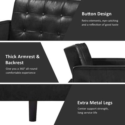 74.4 L Faux Leather Full Handcrafted Button Tufted Sofa 3-Seat, Convertible Sleeper Couch Adjustable Backrest