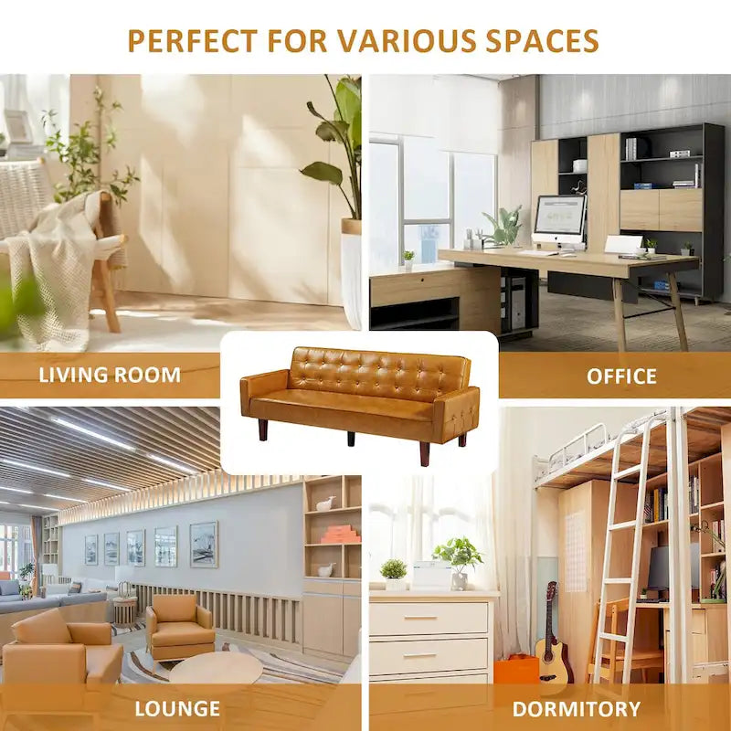 74.4 L Faux Leather Full Handcrafted Button Tufted Sofa 3-Seat, Convertible Sleeper Couch Adjustable Backrest