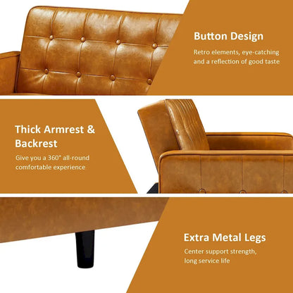 74.4 L Faux Leather Full Handcrafted Button Tufted Sofa 3-Seat, Convertible Sleeper Couch Adjustable Backrest