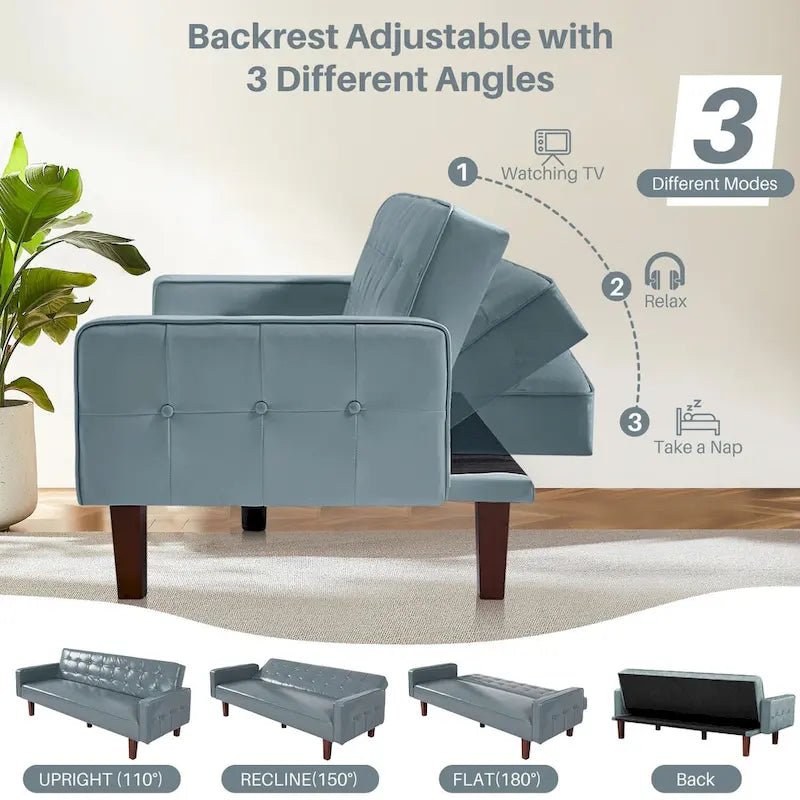 74.4 L Faux Leather Full Handcrafted Button Tufted Sofa 3-Seat, Convertible Sleeper Couch Adjustable Backrest