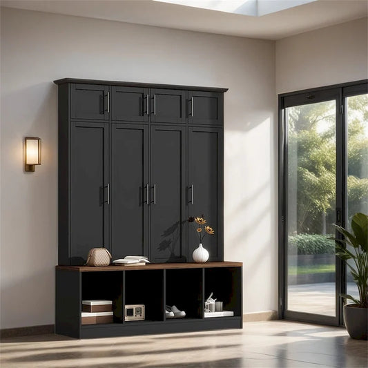 Multi-Functional Hall Tree w/4 Hidden Hanging Hooks,Wood Grain Bench