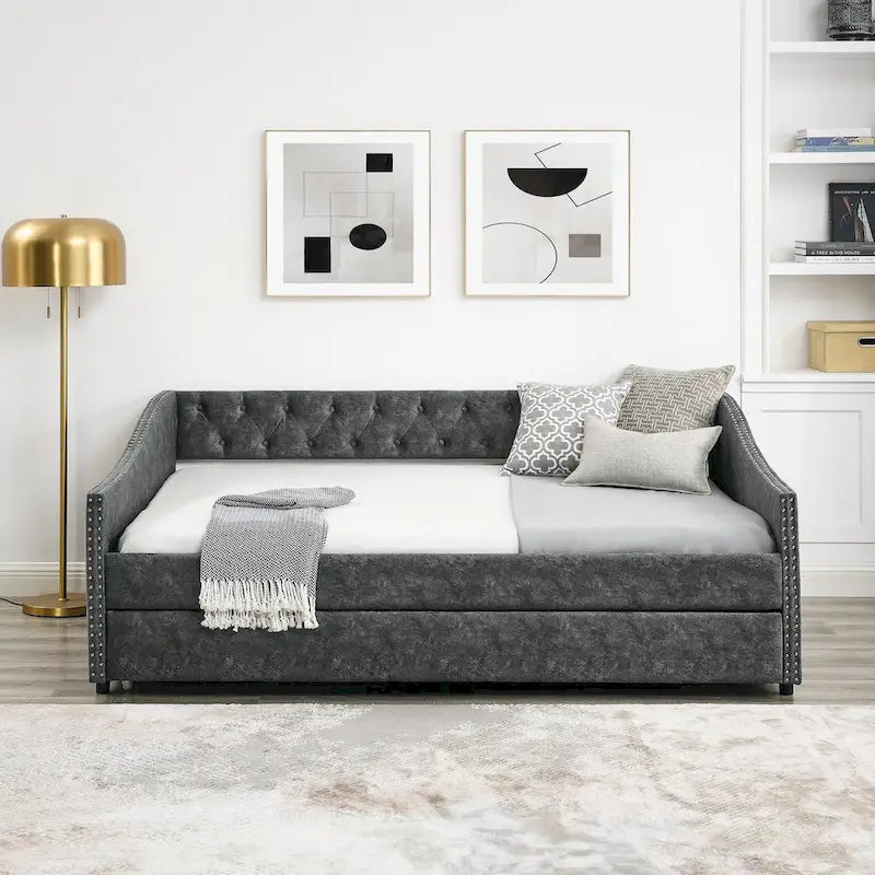 Full Size Daybed with Twin Size Trundle Upholstered Tufted Sofa Bed, with Button on Back and Copper Nail on Waved Shape Arms