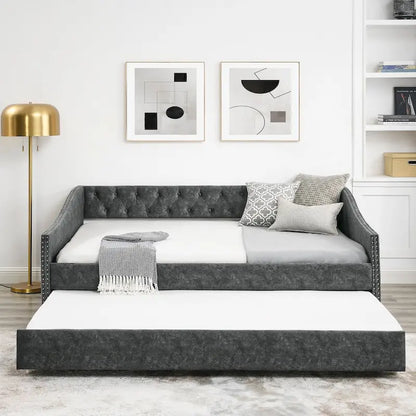Full Size Daybed with Twin Size Trundle Upholstered Tufted Sofa Bed, with Button on Back and Copper Nail on Waved Shape Arms