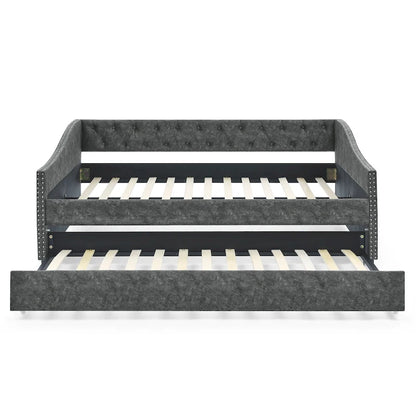 Full Size Daybed with Twin Size Trundle Upholstered Tufted Sofa Bed, with Button on Back and Copper Nail on Waved Shape Arms