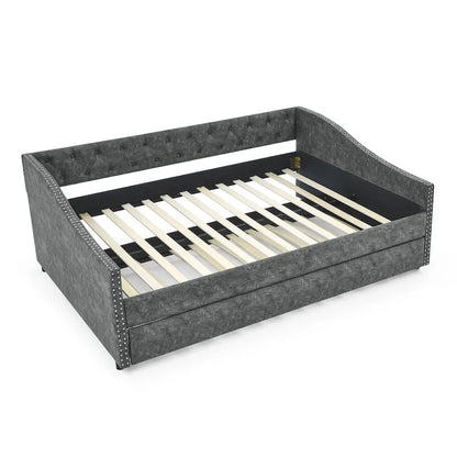 Full Size Daybed with Twin Size Trundle Upholstered Tufted Sofa Bed, with Button on Back and Copper Nail on Waved Shape Arms