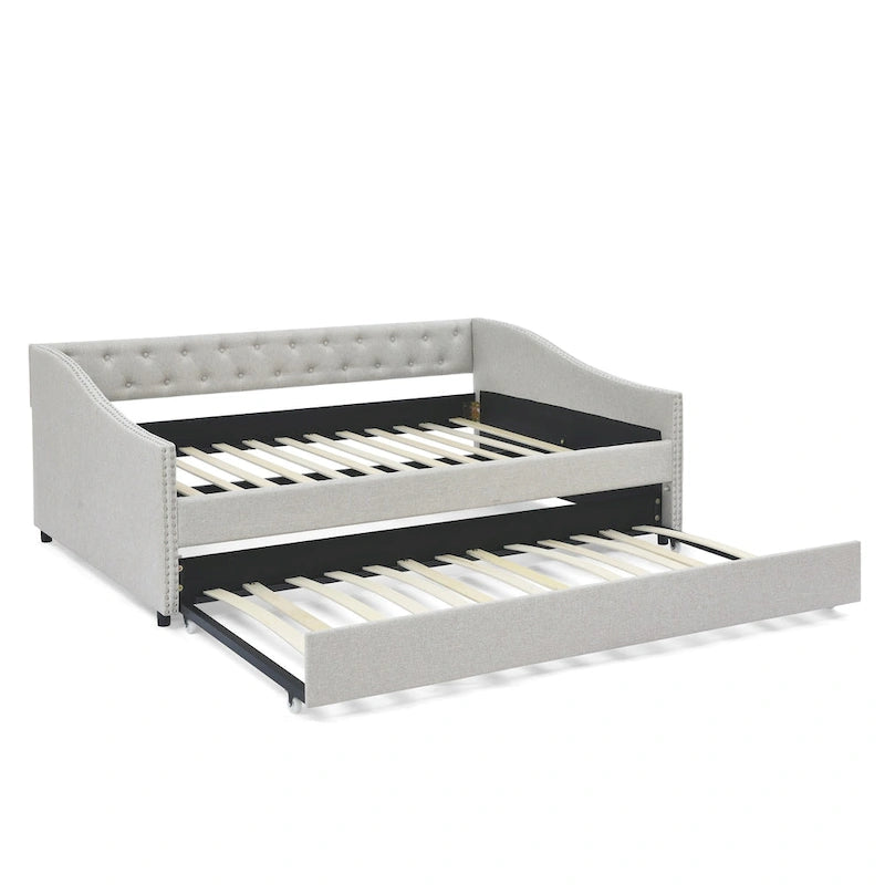 Full Size Daybed with Twin Size Trundle Upholstered Tufted Sofa Bed, with Button on Back and Copper Nail on Waved Shape Arms