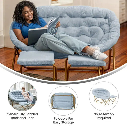 Double Folding Synthetic Fur Saucer Chair with 2 Ottomans