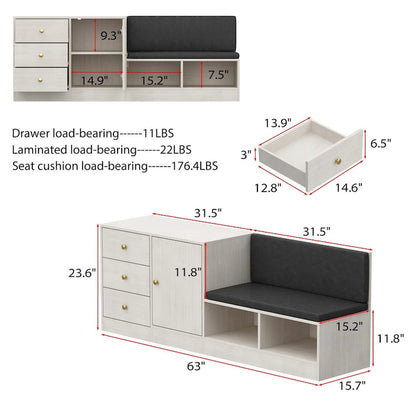 White Shoe Storage Bench with Cushioned Seat and Adjustable Shelves
