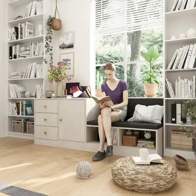 White Shoe Storage Bench with Cushioned Seat and Adjustable Shelves