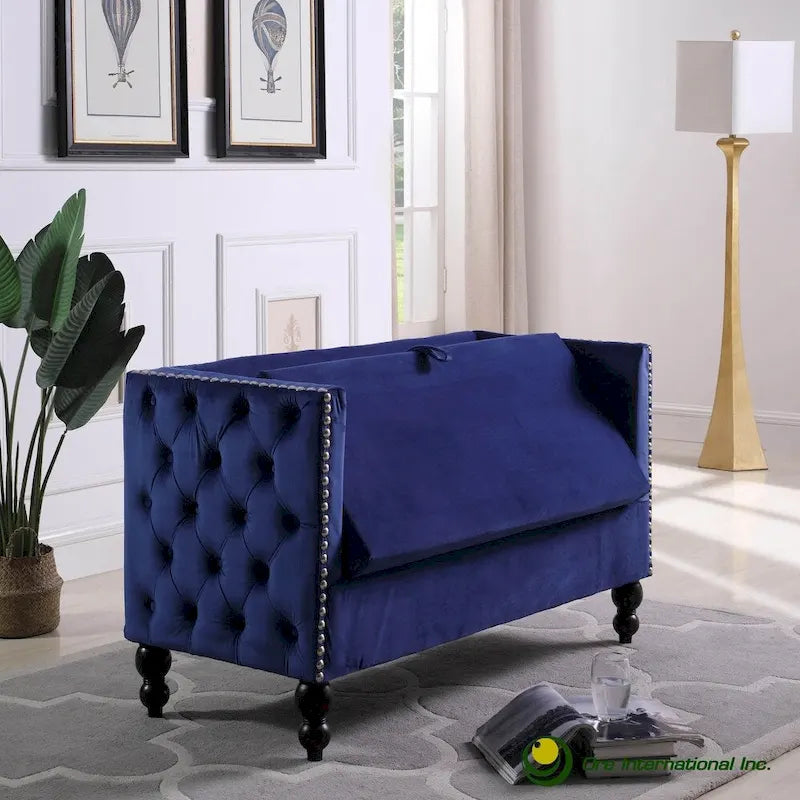 Modern Velvet Tufted Nailhead Storage Settee Loveseat