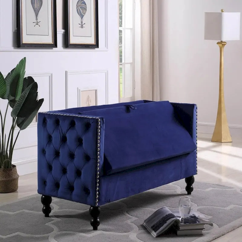Modern Velvet Tufted Nailhead Storage Settee Loveseat