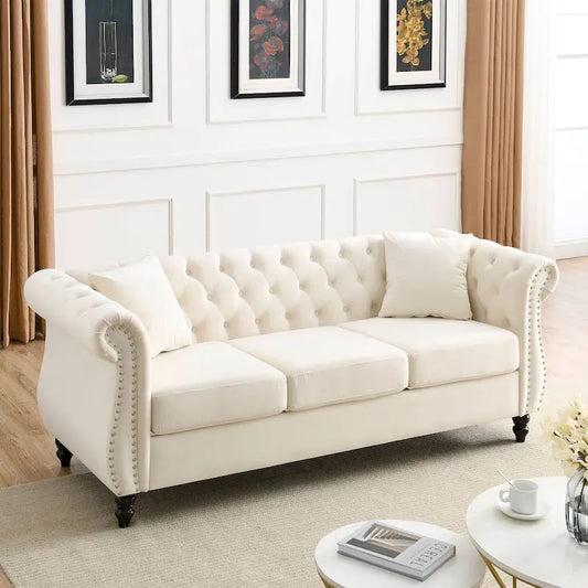 3-Seater Chesterfield Upholstered Tufted Sofa with Rolled Arms and Nailhead