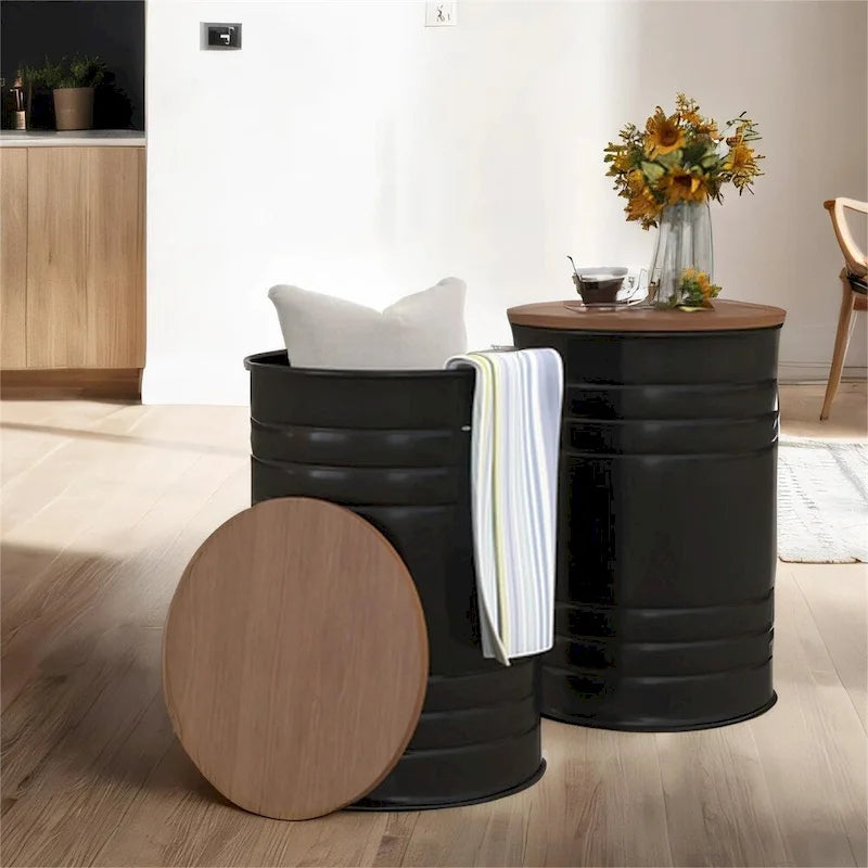 Metal Nesting Storage End Tables with Wood Lids (Set of 2)
