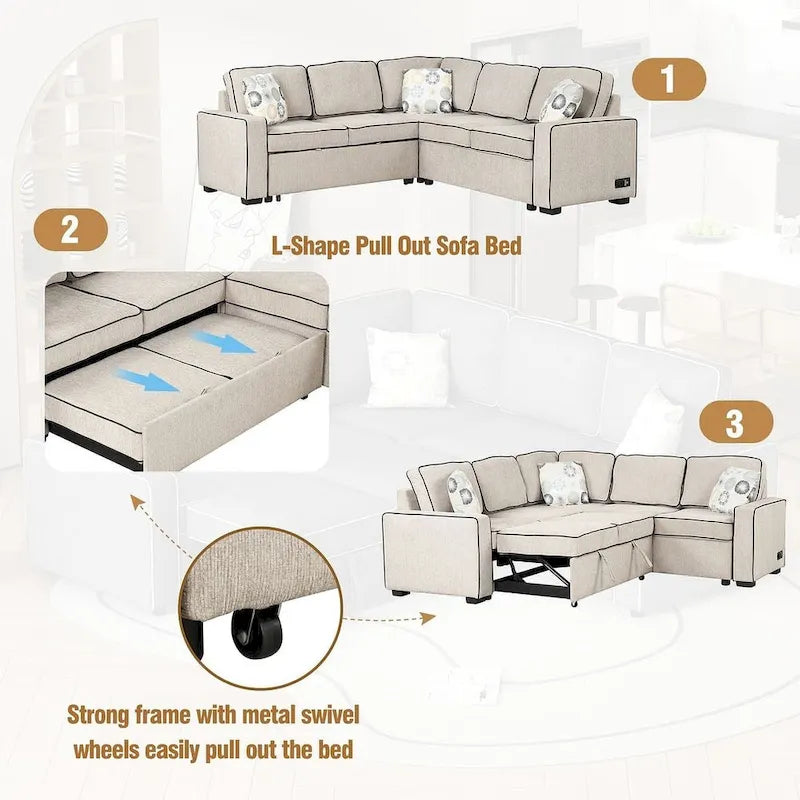 L-Shaped Reversible Chaise Sectional Sofa Pull Out Sofa Bed
