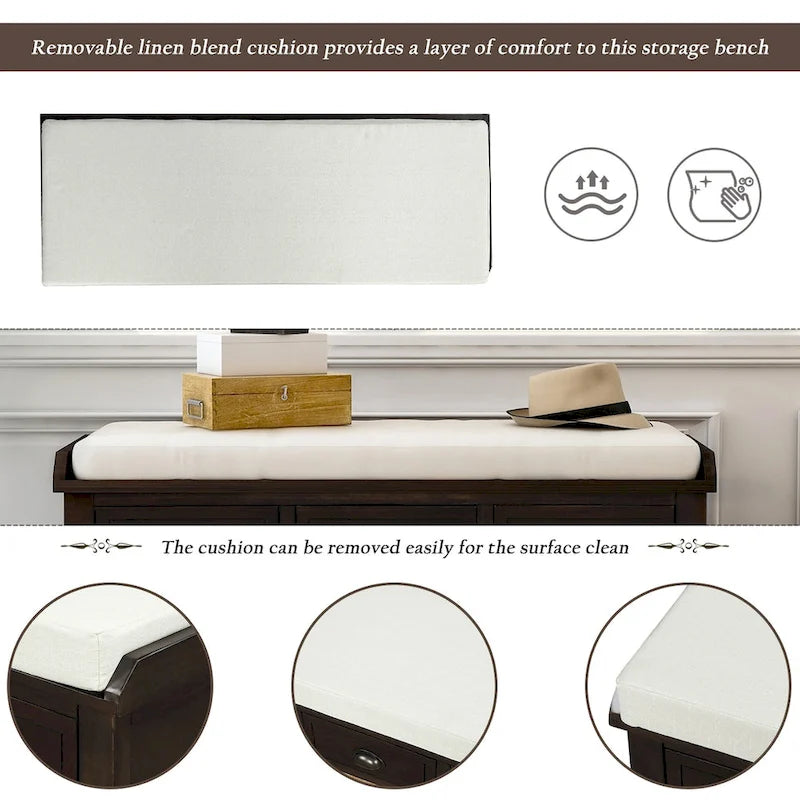 Rustic Storage Bench with 3 Drawers and 3 Rattan Baskets