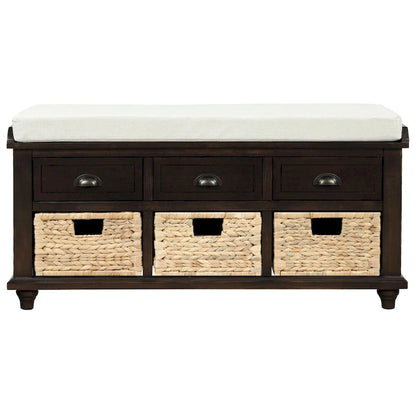 Rustic Storage Bench with 3 Drawers and 3 Rattan Baskets