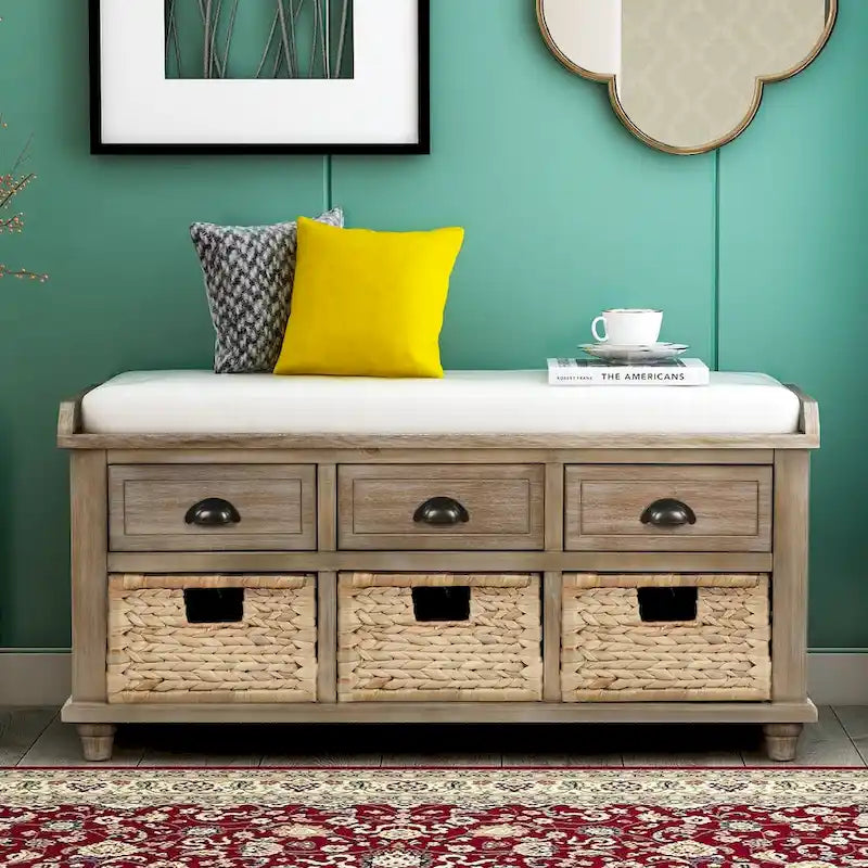Rustic Storage Bench with 3 Drawers and 3 Rattan Baskets