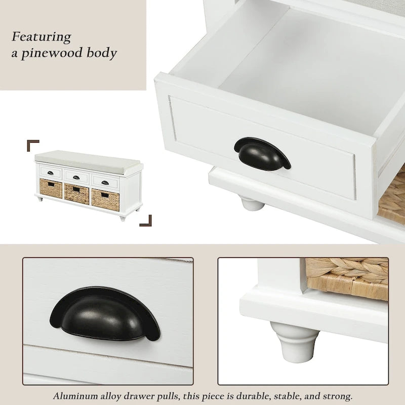 Rustic Storage Bench with 3 Drawers and 3 Rattan Baskets