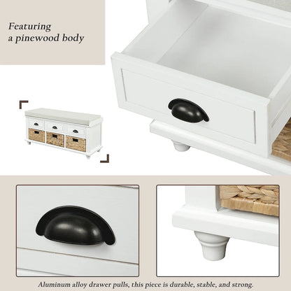 Rustic Storage Bench with 3 Drawers and 3 Rattan Baskets