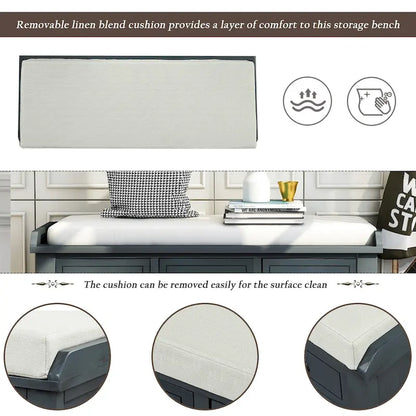 Rustic Storage Bench with 3 Drawers and 3 Rattan Baskets