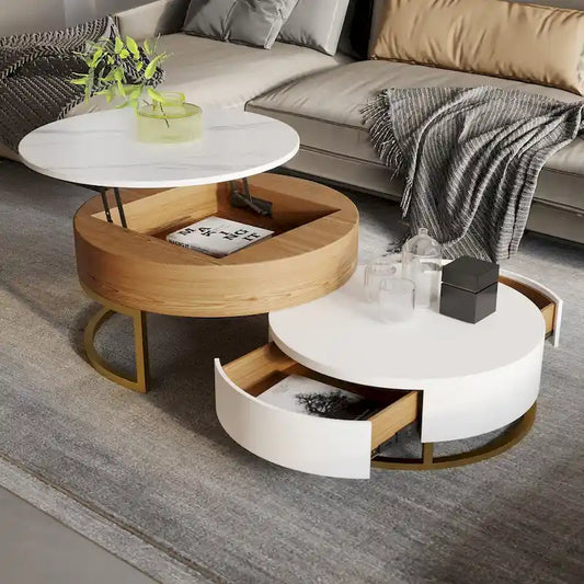 Round Wood Lift-top Nesting Coffee Table with Rotatable Drawers