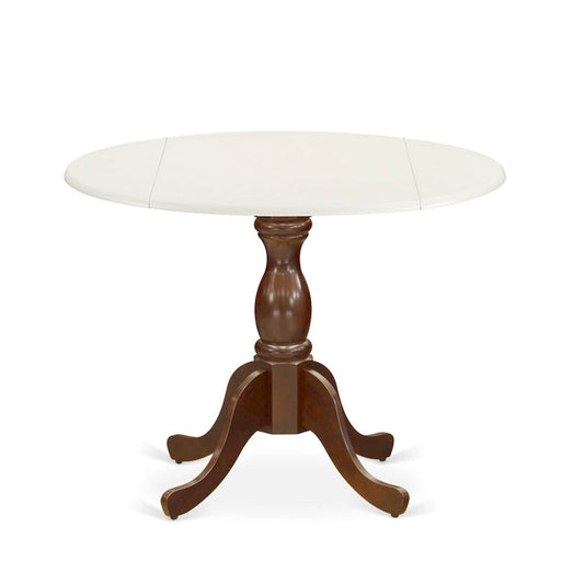 East West Furniture Dublin Dining Room Table - a Round kitchen Table Top with Dropleaf & Pedestal Base, Linen White & Mahogany