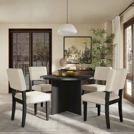 Modern 5-Piece Round Dining Table Set Pedestal Kitchen Table Set with 4 Upholstered Dining Chairs