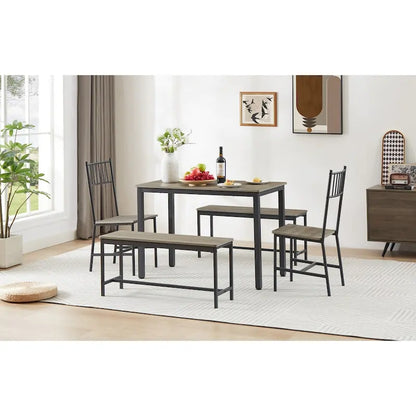 Dining Table Set, Barstool Dining Table with 2 Benches 2 Back Chairs, Industrial Dining Table for Kitchen Breakfast, Living Room