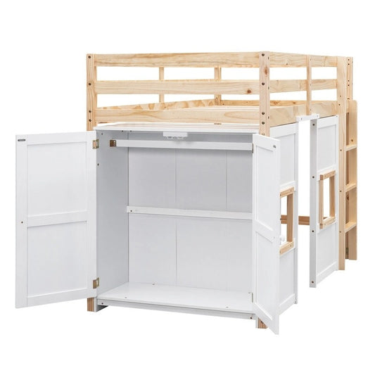 Twin Size Loft Bed with Built-in Storage Wardrobe and 2 Windows