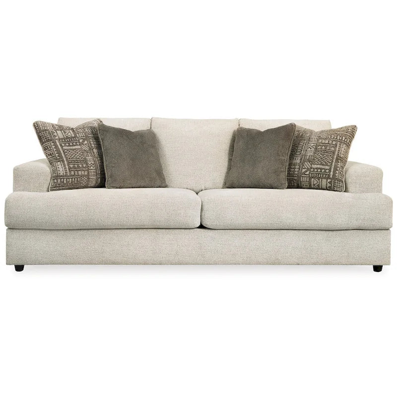 Tren 96 Inch Sofa with 4 Jacquard Pillows, Soft Beige Chenille Polyester