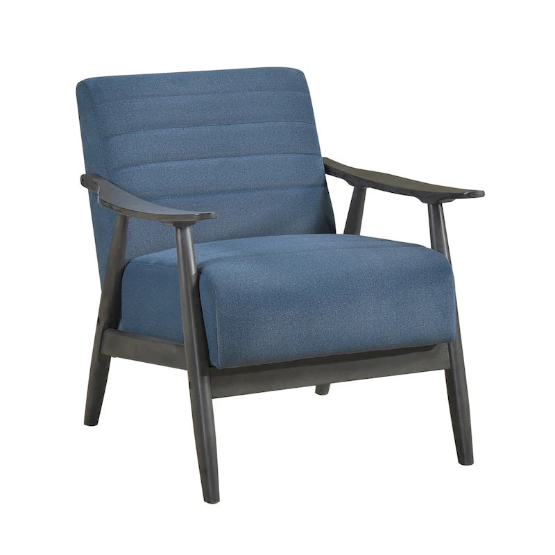 Tira 32 Inch Accent Chair, Channel Stitched, Blue Velvet, Gray Solid Wood