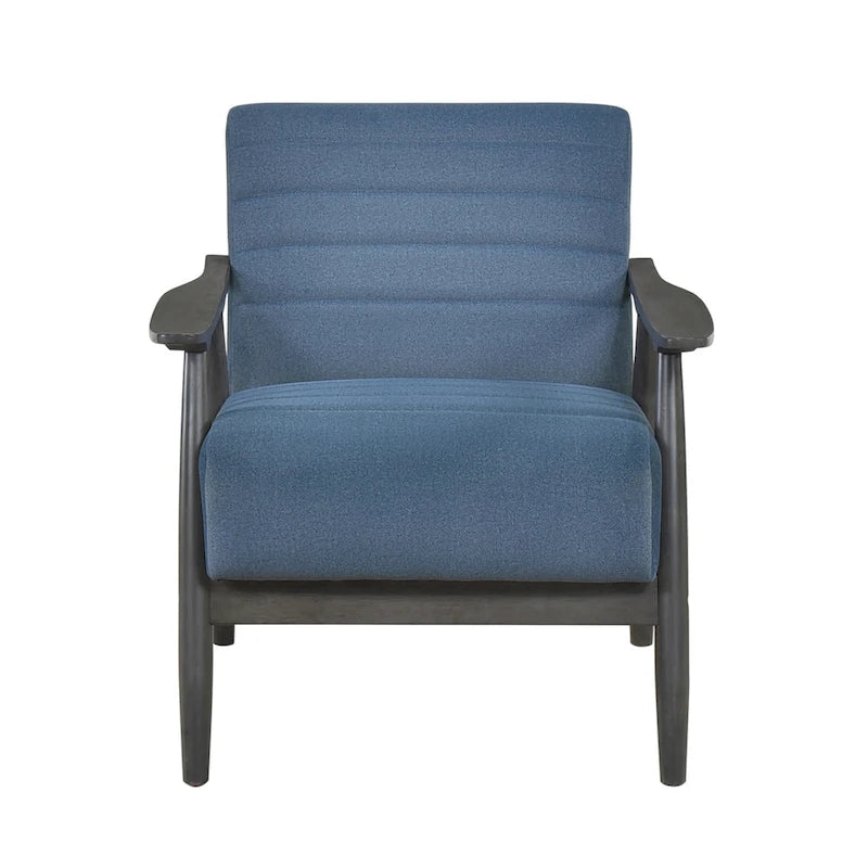 Tira 32 Inch Accent Chair, Channel Stitched, Blue Velvet, Gray Solid Wood