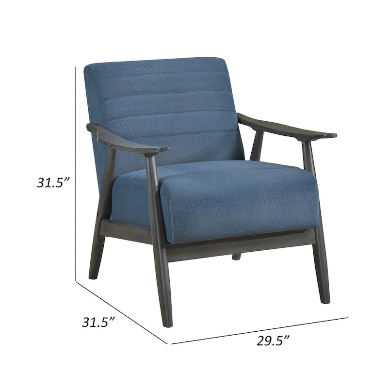 Tira 32 Inch Accent Chair, Channel Stitched, Blue Velvet, Gray Solid Wood