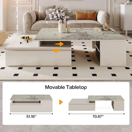 Modern Coffee Table with Extendable Tabletop and Drawers Shelves for Living Room
