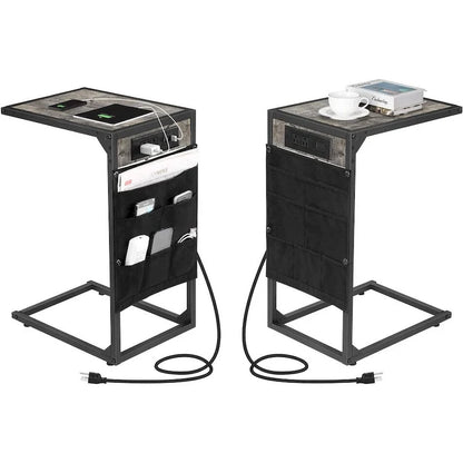 C Shaped End Table with Charging Station, Set of 2