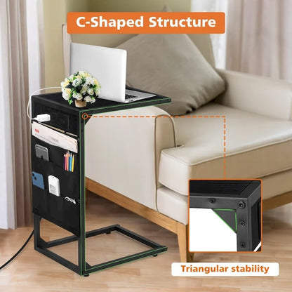 C Shaped End Table with Charging Station, Set of 2