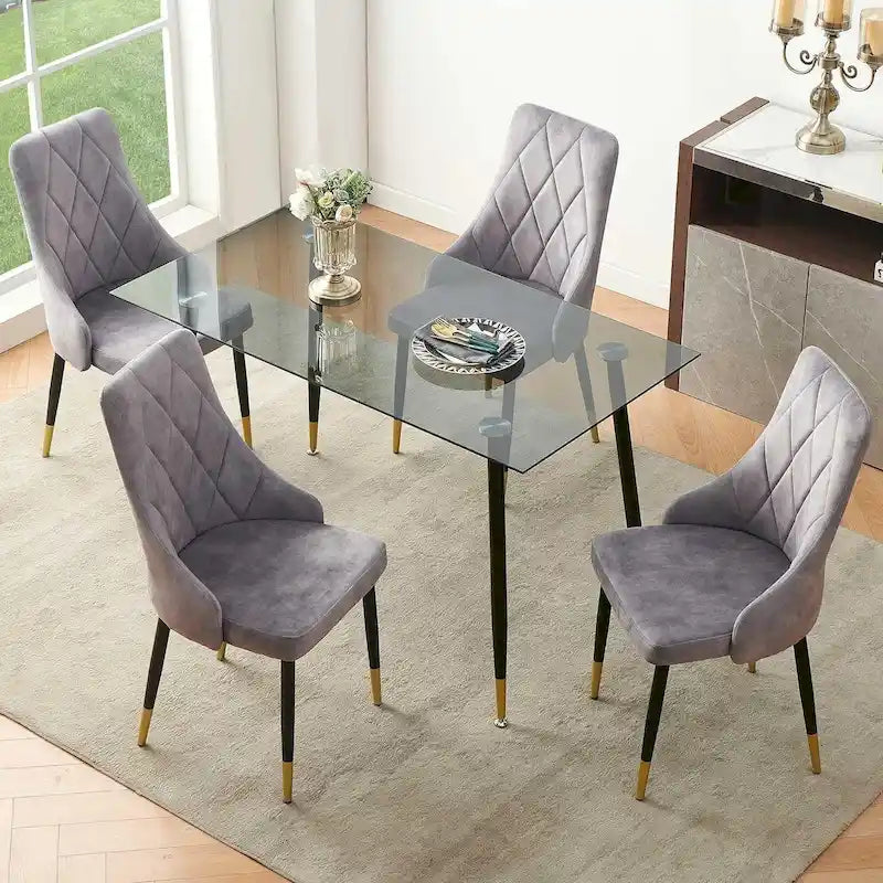 Howtai Grey Glass Table Set with 4 Velvet Chairs for Home Kitchen Dining Room