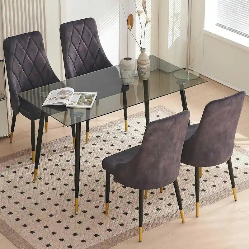 Howtai Grey Glass Table Set with 4 Velvet Chairs for Home Kitchen Dining Room